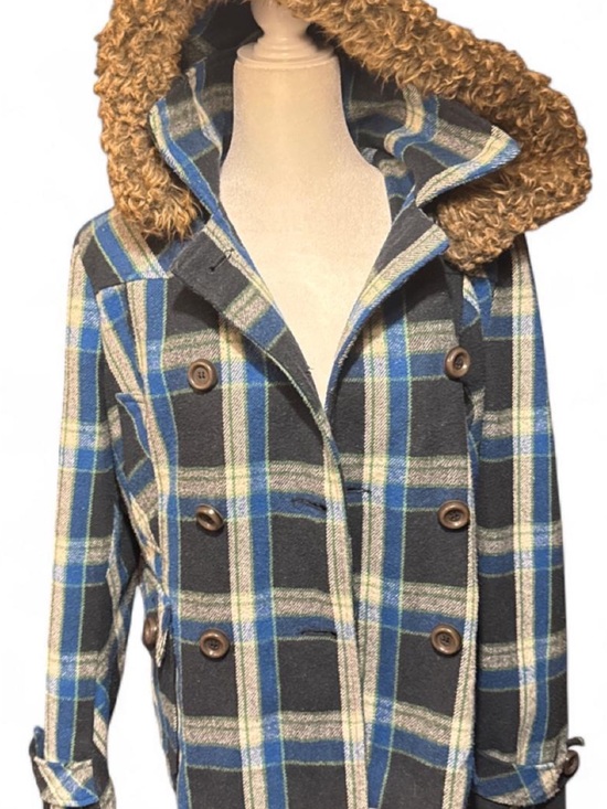 Diana K Jackets & Blazers - VINTAGE 90’s Y2K Plaid Hooded Double-Breasted Flannel Coat in Blue and Gray